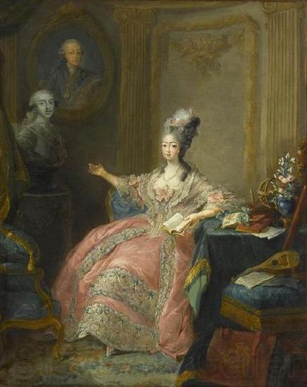 unknow artist Portrait of Marie Josephine of Savoy Countess of Provence pointing to a bust of her husband overlooked by a portrait of her father Germany oil painting art
